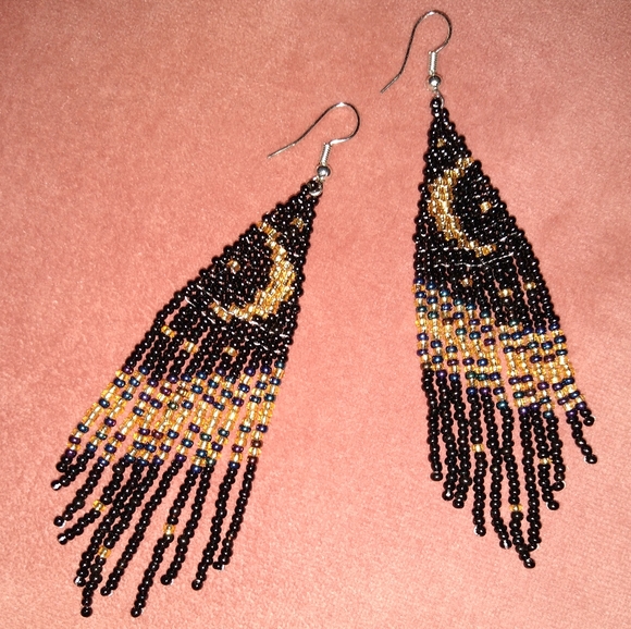 Night Sky Black Gold Crescent Moon and Stars Seed Beaded Earrings Long Celestial - Picture 6 of 7